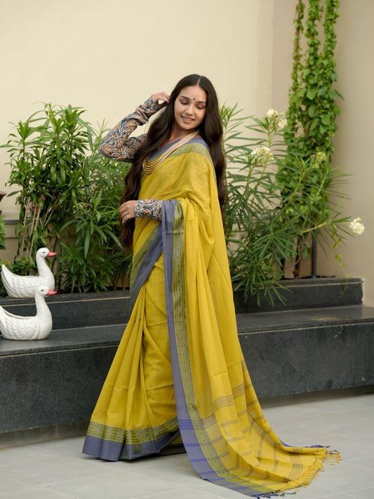 Olive Green-Blue Tripura Cotton Saree