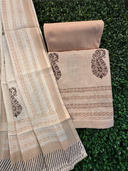 Beige Jute Cotton 3-piece Unstitched Suit