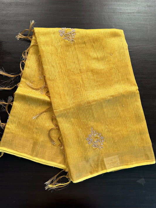 Yellow Fancy Linen Tissue Saree with Handwork