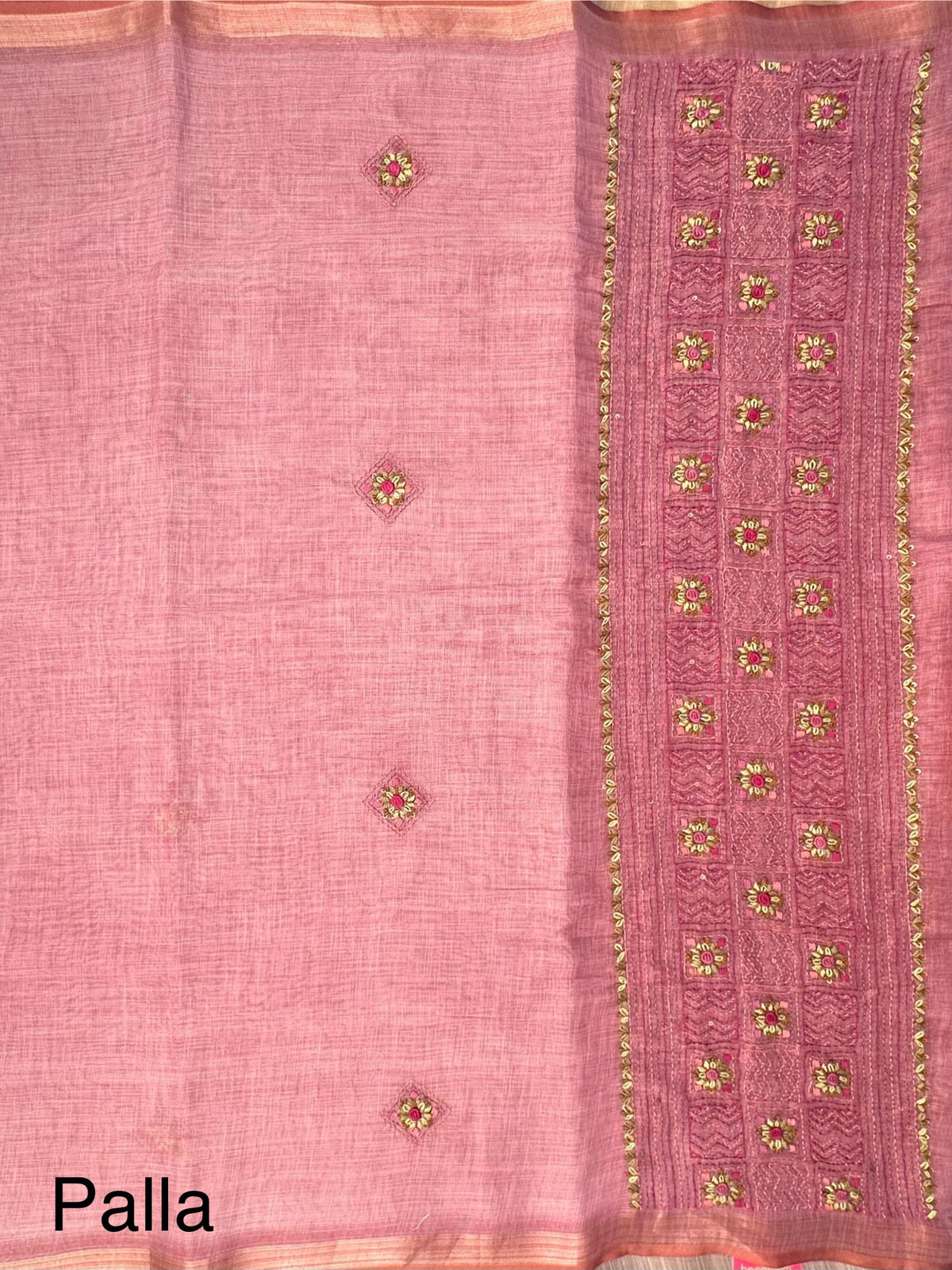 Dusky Pink Blended Cotton Saree with Hand Embroidery
