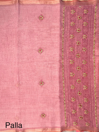 Dusky Pink Blended Cotton Saree with Hand Embroidery