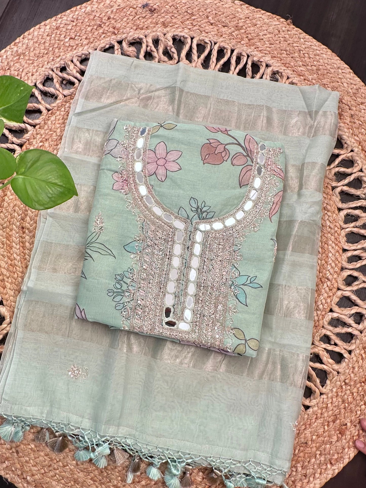 Pista Fancy Tissue Unstitched 3-Piece Suit With Mirror Work