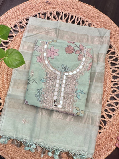 Pista Fancy Tissue Unstitched 3-Piece Suit With Mirror Work