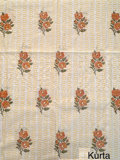 Off White-Yellow Hand Block Printed Chanderi 3-Piece Unstitched Suit with Aari Work