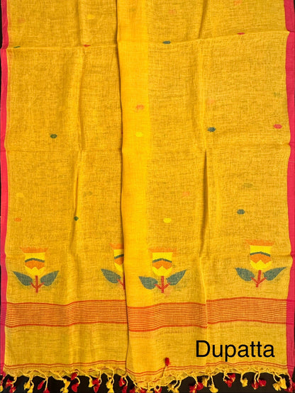 Yellow Linen Dhakai 2 Piece Kurta Dupatta Unstitched Set