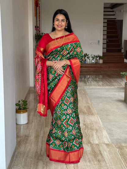 Bottle Green-Red Patola Handloom Silk Saree