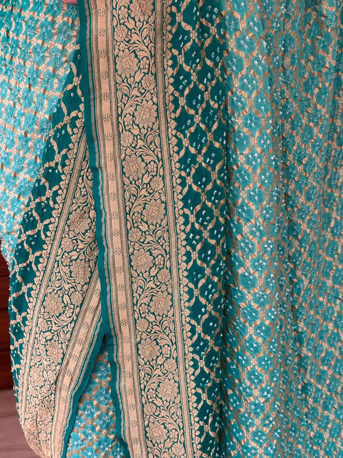 Sea Green Shaded Gharchola Bandhej Pure Khaddi Georgette Saree