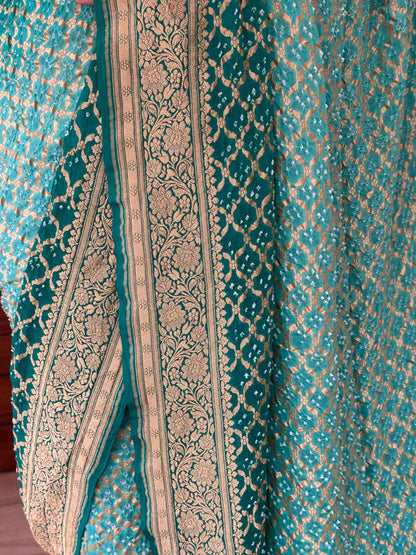 Sea Green Shaded Gharchola Bandhej Pure Khaddi Georgette Saree