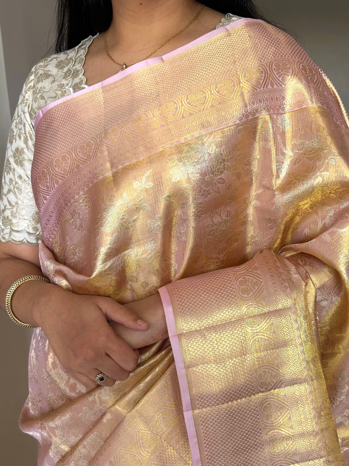 Baby Pink Handloom Jamawar Pure Tissue Silk Saree