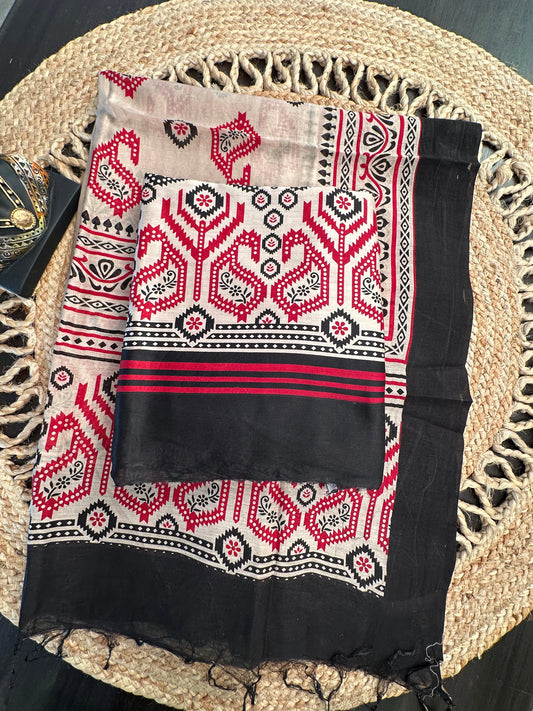 Black-Red Printed Chanderi 3-Piece Unstitched Suit