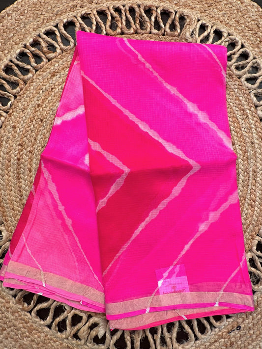 Pink-Rani Leheriya Kota Doria Pure Silk Saree