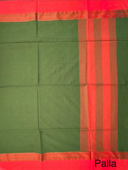 Green-Red Piku Bengal Cotton Saree
