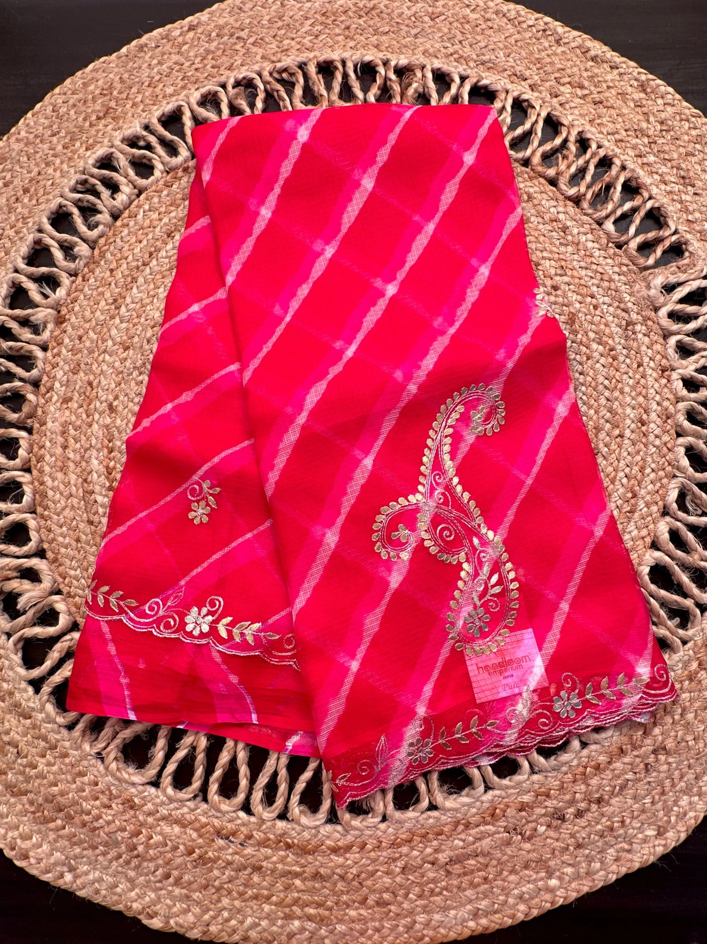 Red-Pink Kyra Leheriya Kota Doria Pure Silk Saree With Gota Patti Work