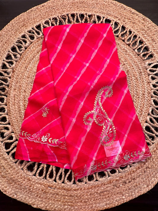 Red-Pink Kyra Leheriya Kota Doria Pure Silk Saree With Gota Patti Work