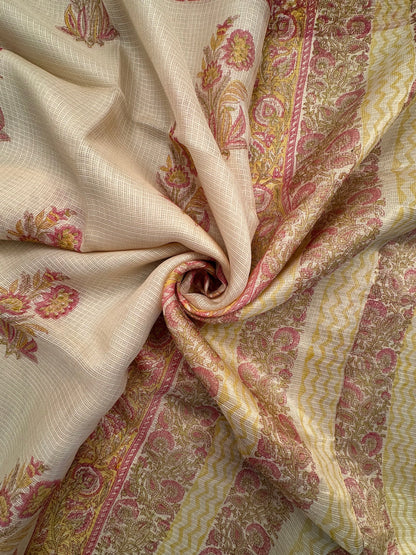 Pale Beige Hand Block-Print Kota Doria Pure Silk Saree