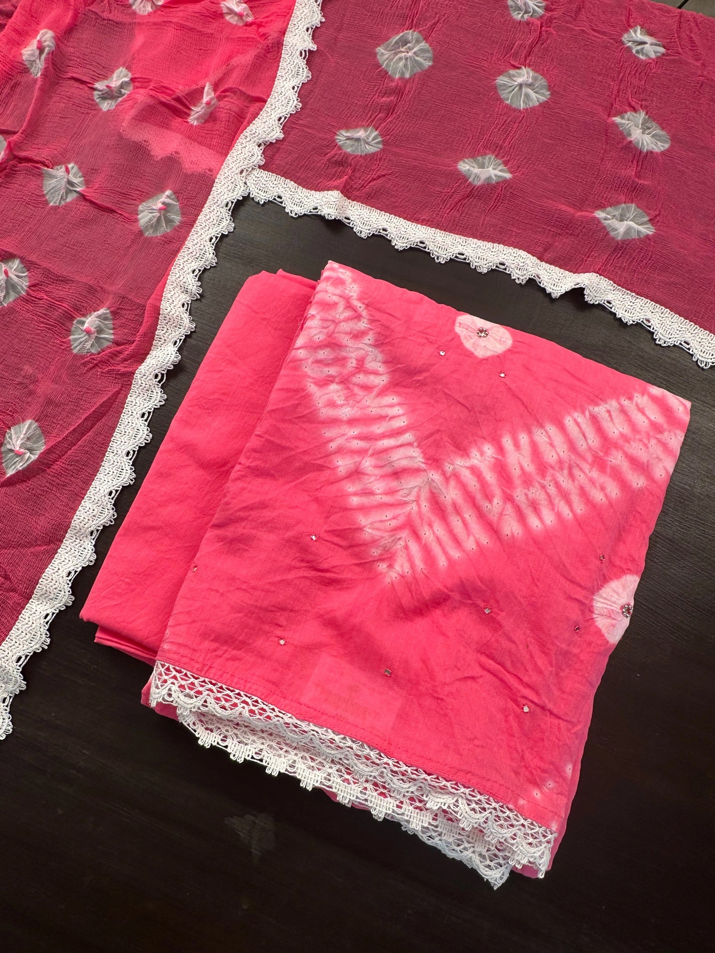 Pink Batik Bandhini Hand Tie-Dye Pure Cotton 3-Piece Unstitched Suit
