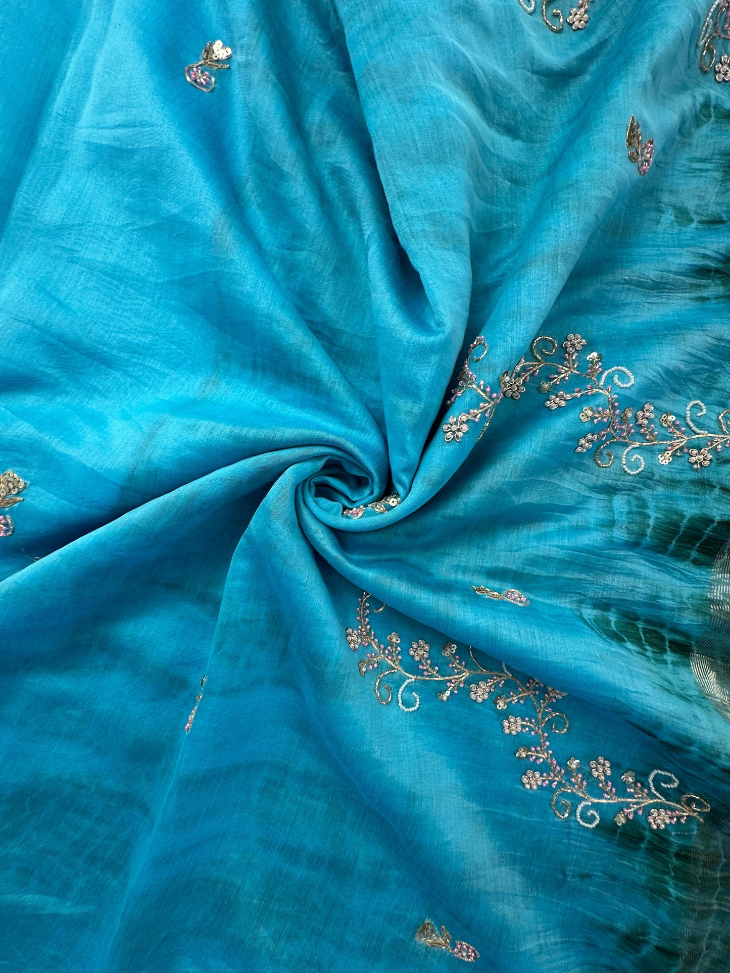 Firozi Chanderi Saree With Hand Work