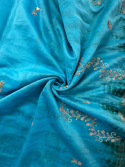 Firozi Chanderi Saree With Hand Work