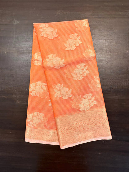 Orange Arvita Kota Doria Fancy Cotton Saree
