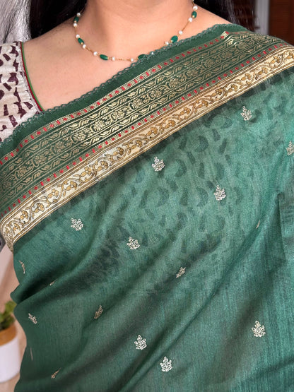 Bottle Green Muga Silk Saree
