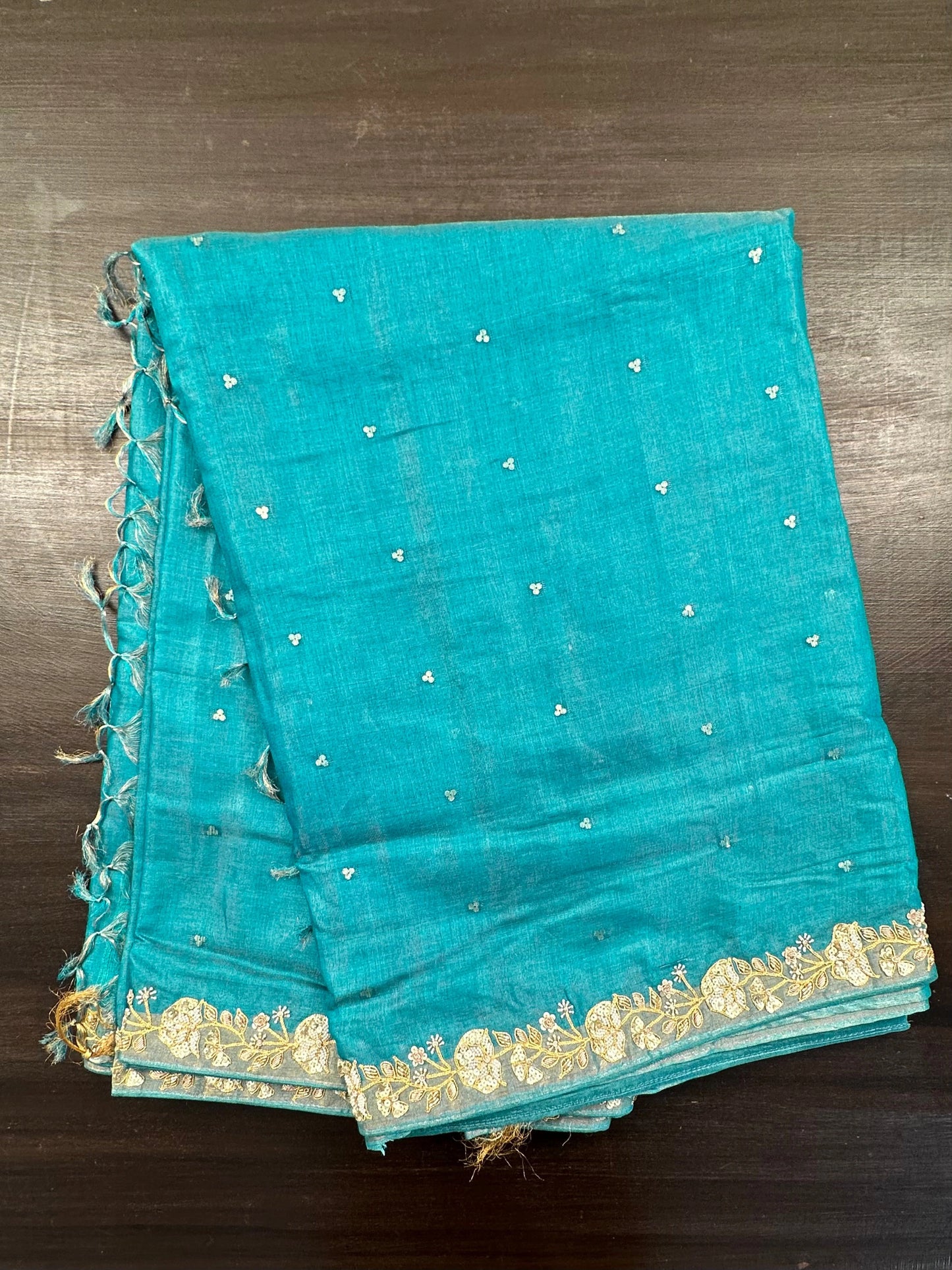 Firozi Tussar-Tissue Silk Saree with Hand Work