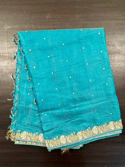 Firozi Tussar-Tissue Silk Saree with Hand Work