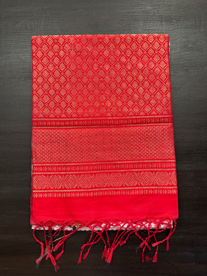 Off White-Red Pure Handloom Soft Silk Saree