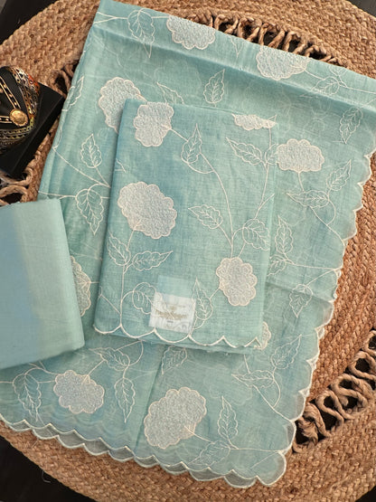 Sky Blue Cotton Chanderi 3-Piece Unstitched Suit