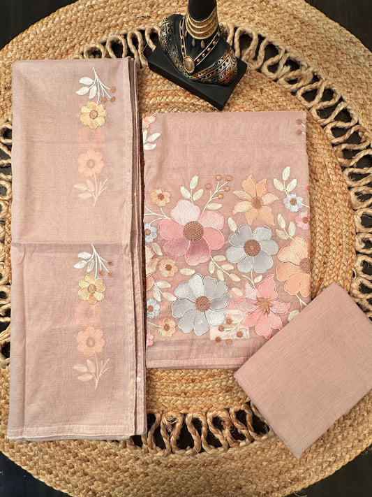 Light Beige Fancy Chanderi 3-Piece Unstitched Suit