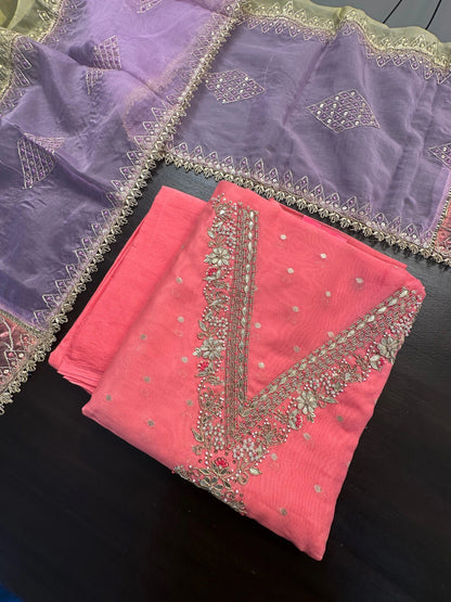 Pink Tissue Neck Work  Chanderi Unstitched 3-Piece Suit
