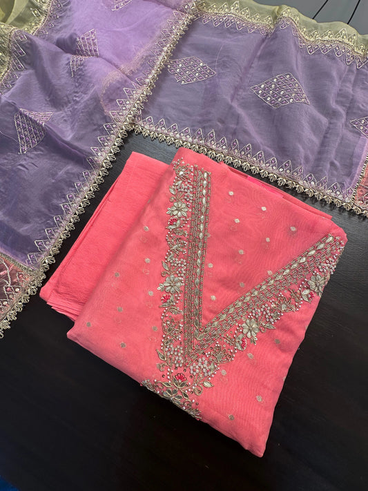 Pink Tissue Neck Work  Chanderi Unstitched 3-Piece Suit