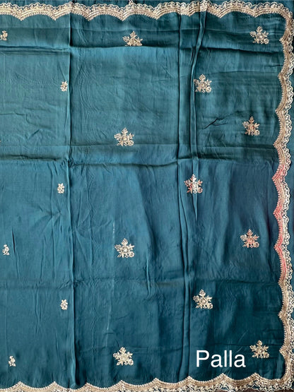 Turquoise Blue Artificial Crepe Saree With Hand Work