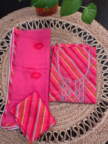 Pink -Multi Colour Leheriya Jaipuri Cotton Unstitched 3-Piece Suit
