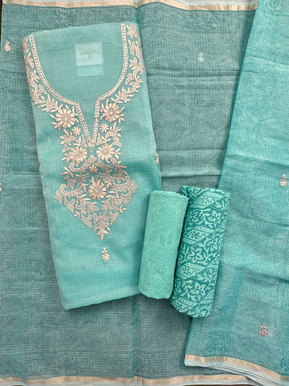 Sea Green 4-Piece Kota Doria Cotton Unstitched Suit