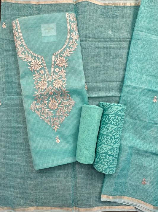 Sea Green 4-Piece Kota Doria Cotton Unstitched Suit