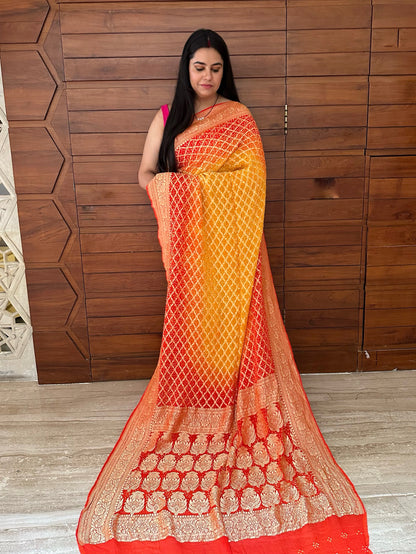Yellow-Orange Gharchola Bandhej Pure Georgette Saree
