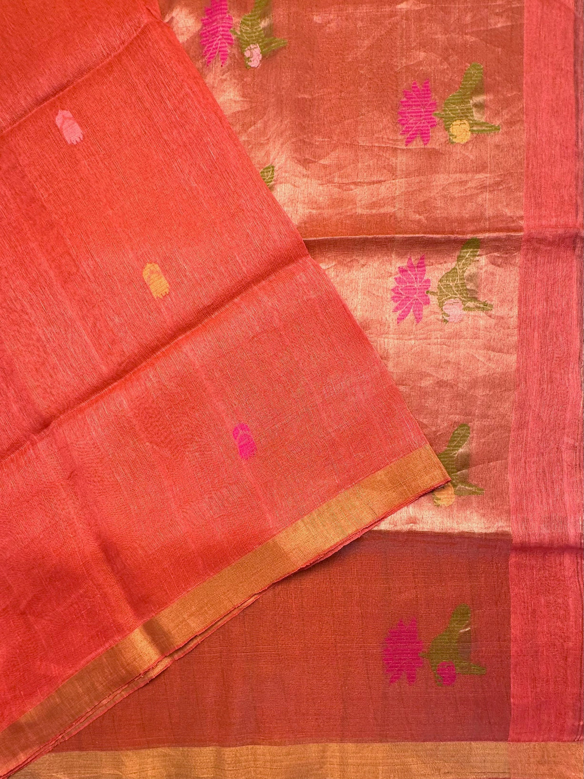 Peach Fancy Cotton Tissue Saree ( Linen Texture)