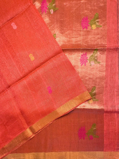 Peach Fancy Cotton Tissue Saree ( Linen Texture)