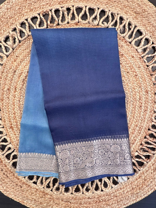 Shaded Navy Blue Pure Kota Doria Silk Saree