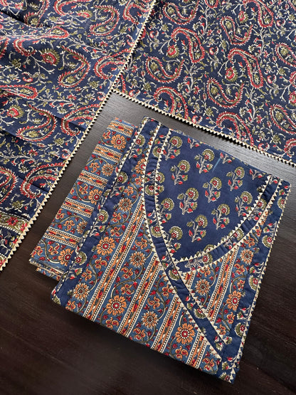 Navy Blue Angrakha Printed Cotton 3-Piece Suit
