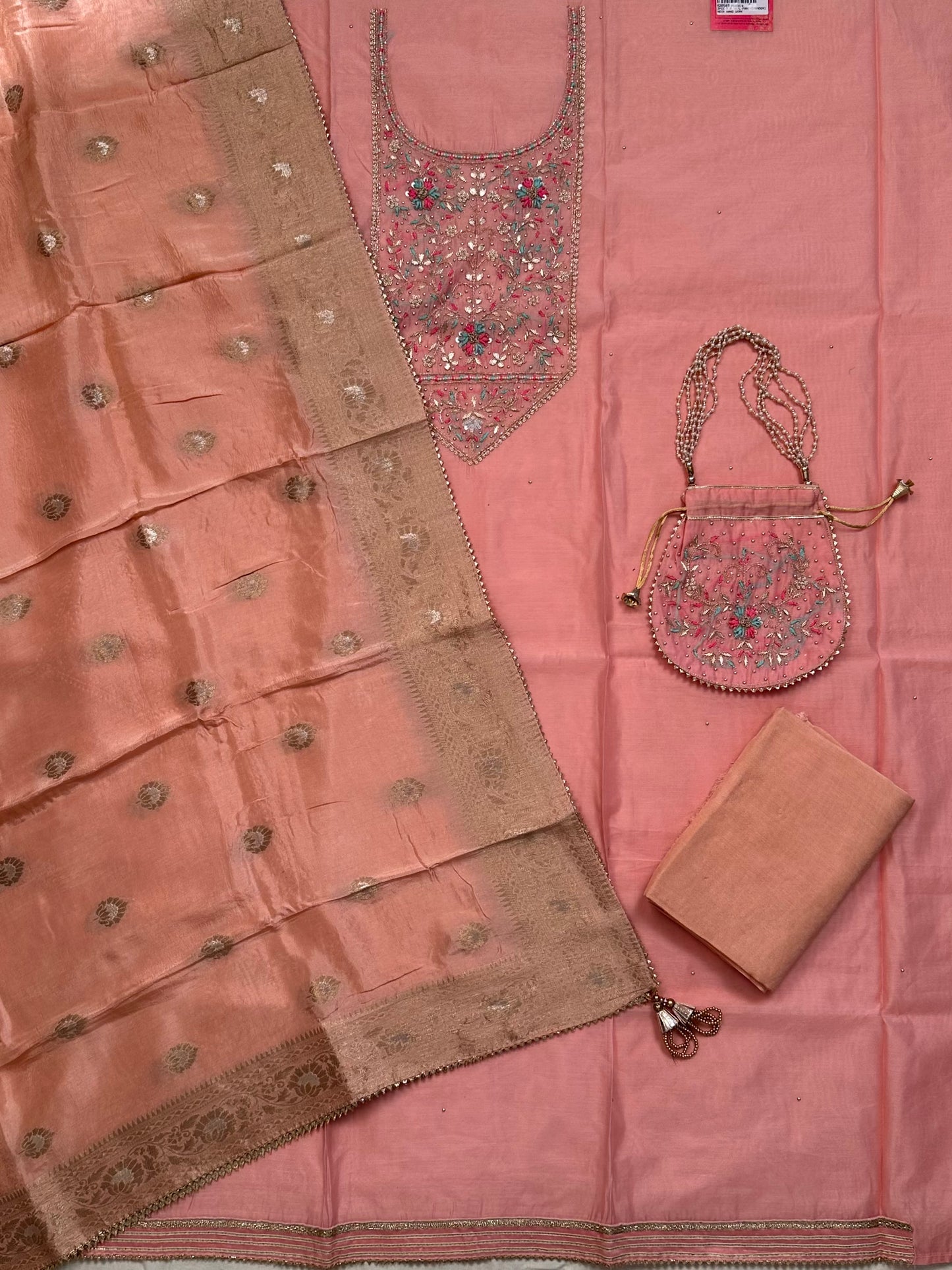 Peach Chanderi 3-Piece Suit With Banarasi Dupatta & Potli