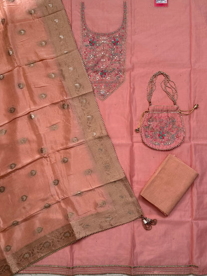 Peach Chanderi 3-Piece Suit With Banarasi Dupatta & Potli
