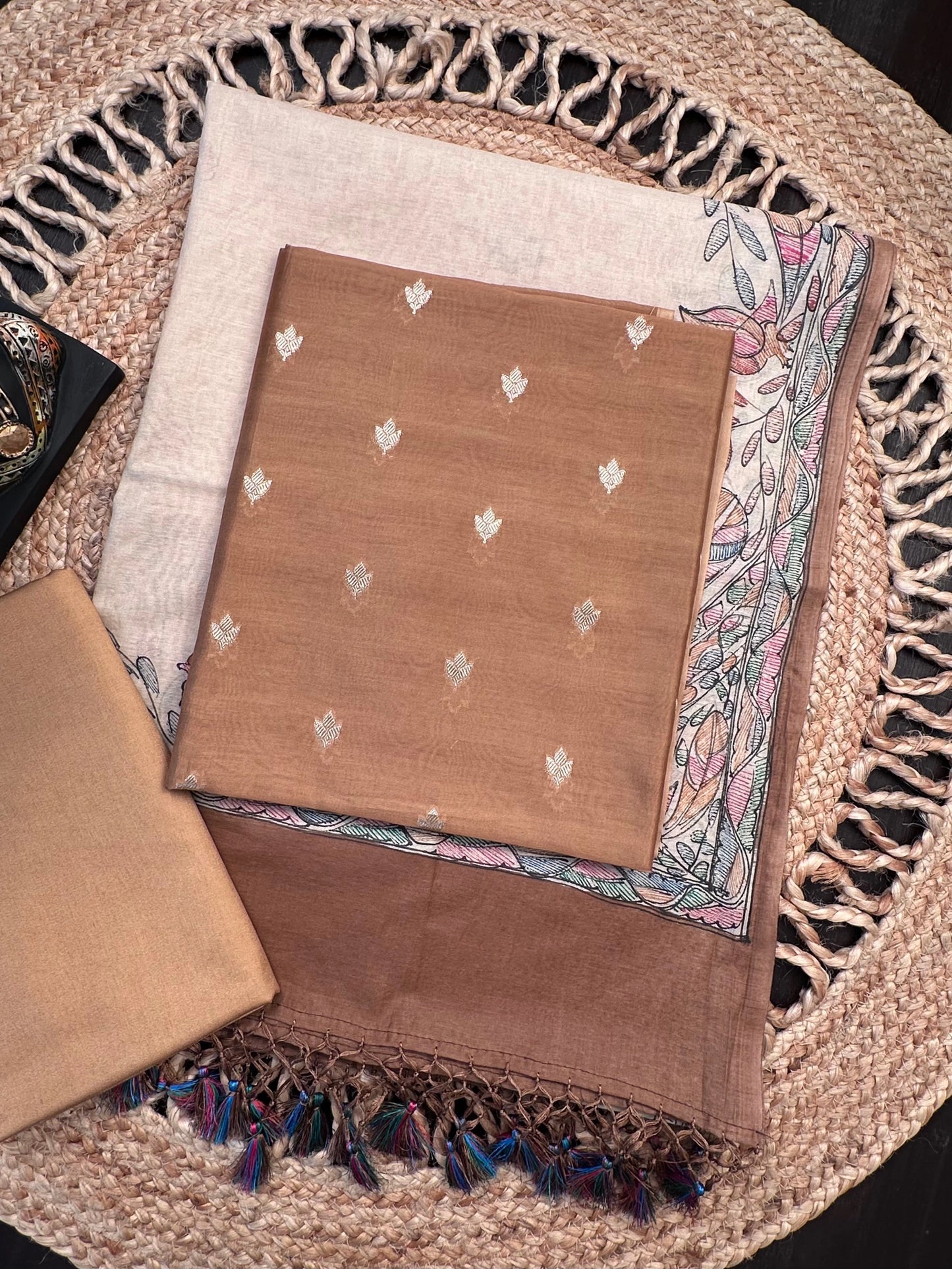 Brown Chanderi 3-Piece Unstitched Suit with Madhubani Dupatta