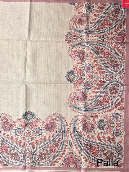 Off White-Pink Printed Art Silk Saree