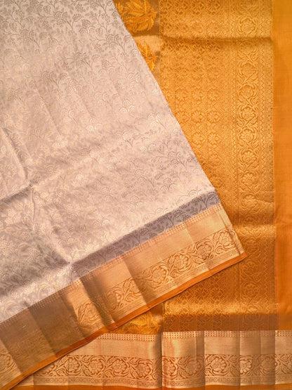 Cream-Mustard Zari Jamawar Pure Silk Saree