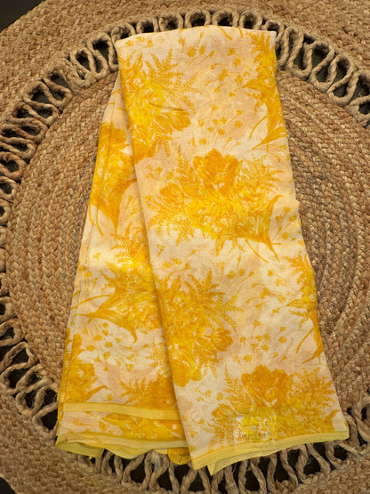 Off White-Yellow Floral Print Chiffon Saree
