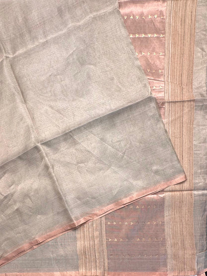 Silver-Light Rose Gold Emboss Tissue Saree