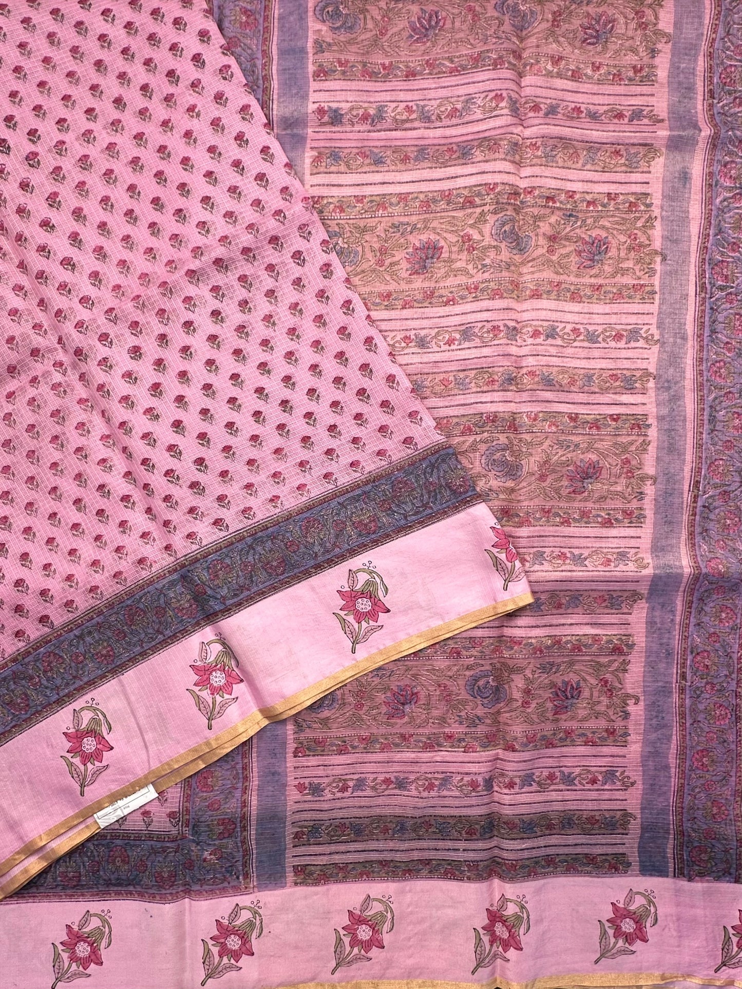 Pink Hand Block-Print Pure Kota Doria Silk Saree
