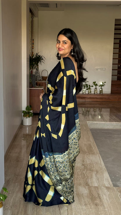 Black Indigo-Mustard Ajrakh Blended Modal Saree
