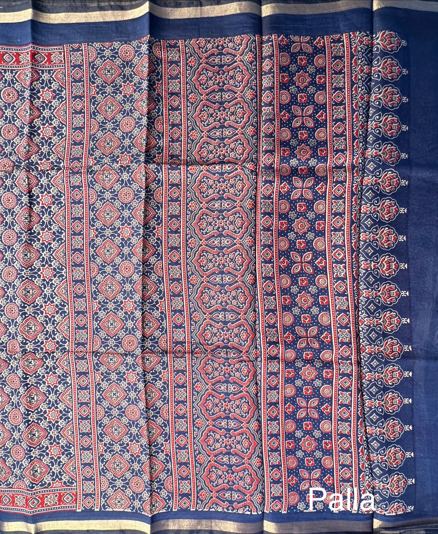 Navy Blue Ajrakh Print Cotton Blend Saree